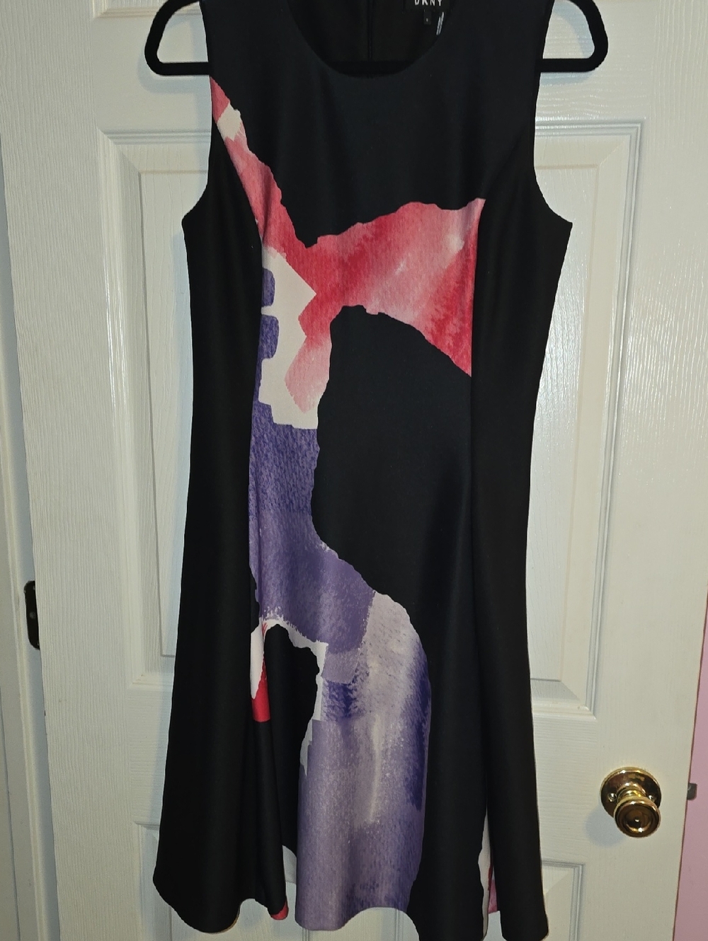 DKNY Black Midi Dress with Pink‎ and Purple Watercolor Print